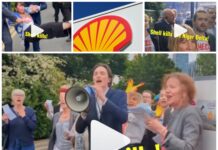 Aksjonæropprør mot Shells klimastrategi Shell. Greenpeace demonstration.