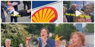 Aksjonæropprør mot Shells klimastrategi Shell. Greenpeace demonstration.